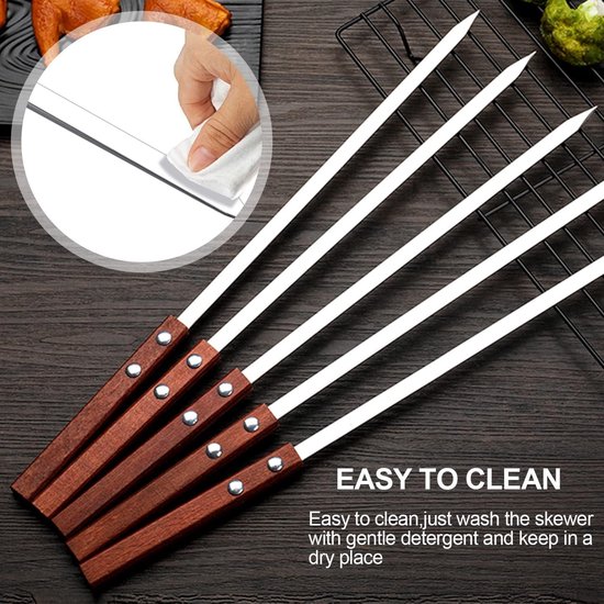 Famanu Grillspiesen, 8 stuks, herbruikbaar, 40 cm, platte sjasliekspiesen, roestvrij staal, met houten handvat, kebab-spiesen voor vlees en groenten, vleessspiesen, barbecue-accessoires van Famanu — afbeelding 3