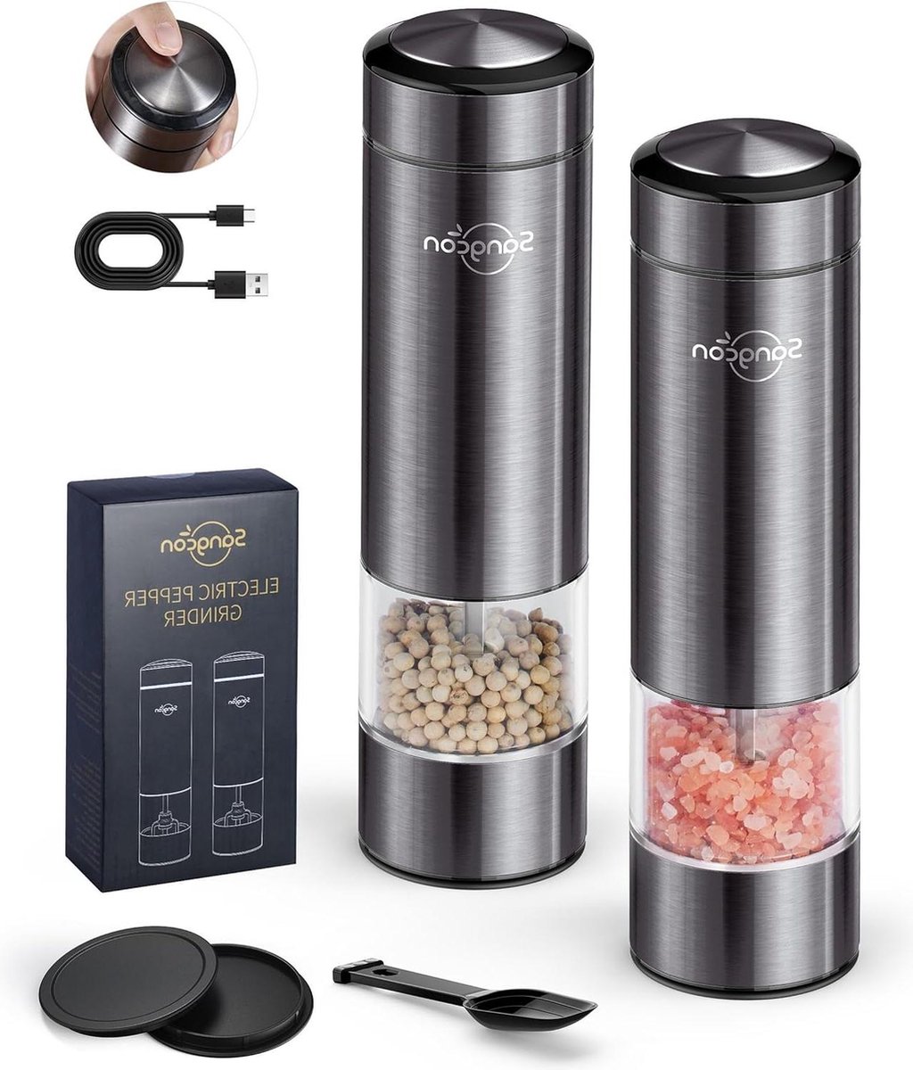 Oplaadbare elektrische zout- en pepermolenset Automatische peper- en zoutmolen Grove instelling Bediening met één hand LED-licht Gunmetal metallic Keuken accessoires