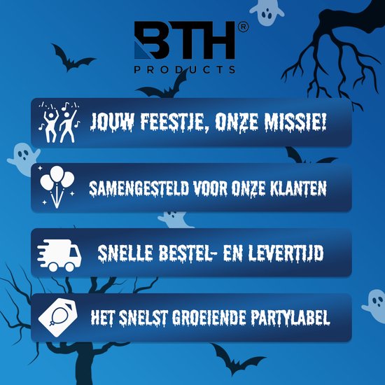 BTH Products logo met Halloween-thema. Tekst: Jouw feestje, onze missie! Samengesteld voor onze klanten. Snelle bestel- en levertijd. Het snelst groeiende partylabel.