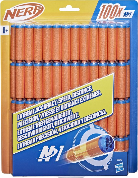 Nerf pijltjes verpakking met 100 oranje pijltjes met blauwe doppen.