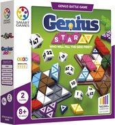 Doos van het spel Genius Battle Game, met gekleurde driehoekige stukken en een spelbord in de vorm van een ster.