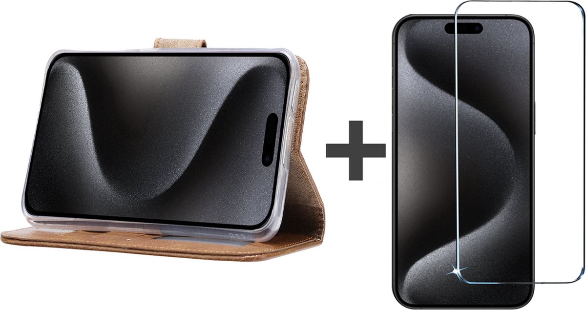 BixB hoesje met Screenprotector Geschikt voor iPhone 15 Pro – bookcase met pasjeshouder - Bruin