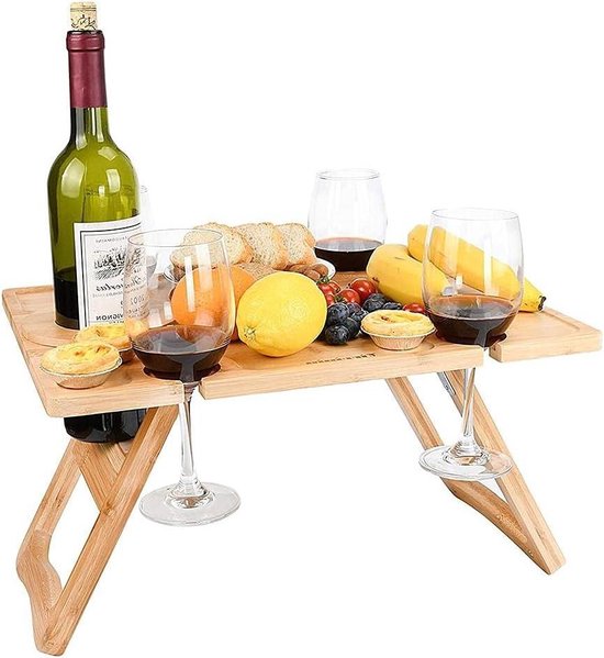 Foto: Luxury wooden wine picnic table portable bamboo snack and cheese table with wine glass holder for outdoor garden concerts park beach folding table