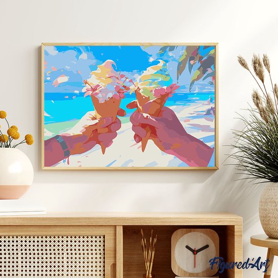Figured'Art Schilderen op Nummer Volwassenen canvas IJsje op het strand- Handwerk acrylverf Kit DIY Compleet - 40x50cm met DIY houten lijst