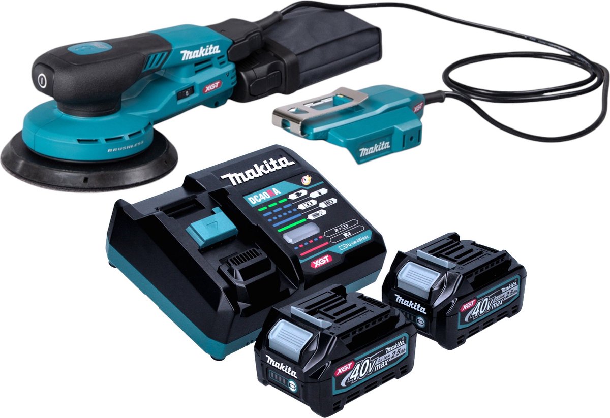 Makita BO 004 CGD201 accu excentrische schuurmachine 40 V max. 150 mm 3,0 mm slag Brushless + 2x accu 2,5 Ah + oplader