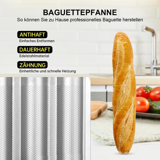 Antihaft-Baguette-Backblech Aus Karbonstahl – Perforiert Für Knusprige Kruste, 2 Stück, Für 4 Baguettes