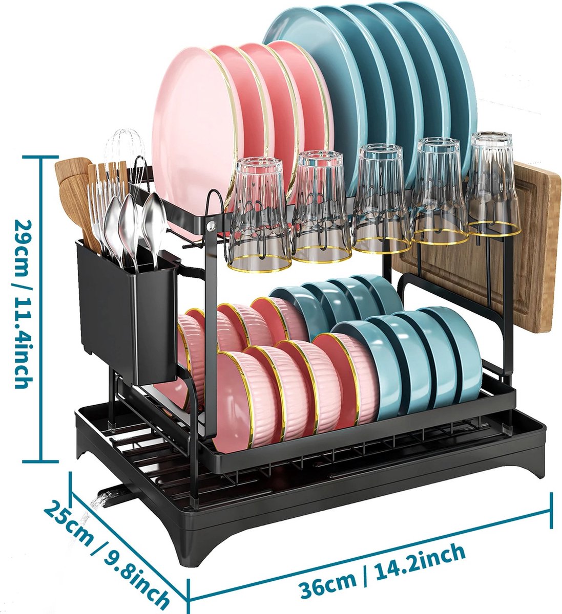 Goedkoopste Afdruiprek Met Lekbak - 2-Laags Afdruiprek - RVS - Afdruiprek Met Bestekmand - Bekerhouder - Ruimtebesparend - Multifunctioneel Keukengerei - Zwart