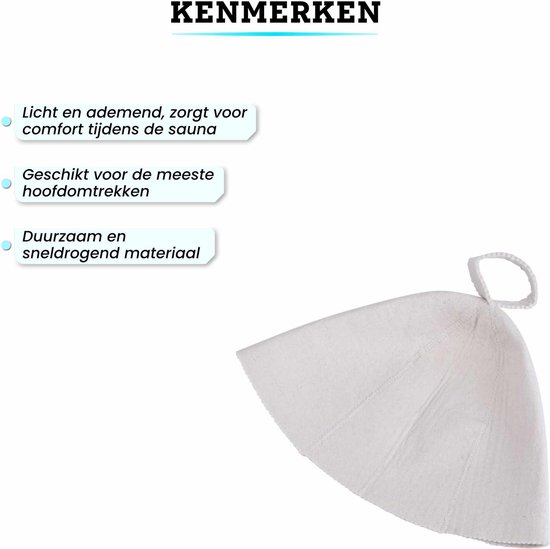 Witte vilten saunahoed, licht en ademend, duurzaam en snel drogend materiaal.