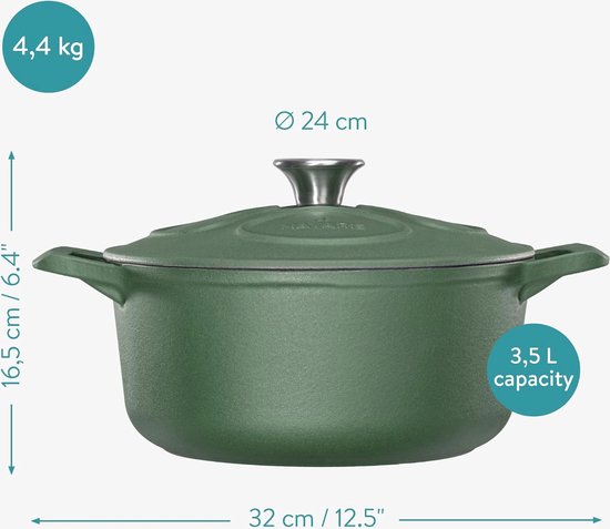 Gietijzeren braadpan met deksel - Dutch oven voor inductie en keramisch koken - Mat groene emaille pot — afbeelding 4