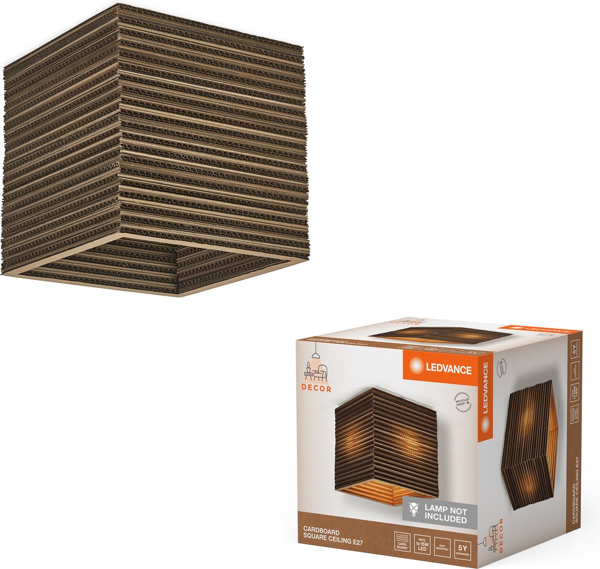 LEDVANCE plafondlamp Decor Karton Vierkant bruin van golfkarton, lichtgewicht, E27, 250 mm diameter , lampenkap van gerecycled materiaal, duurzaam dankzij vervangbare lichtbron, eenvoudig te installeren