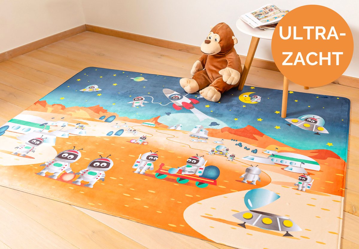 Mats & Joy - Kindertapijt Planeet met UFO's - 110x170cm - Ultrazacht & Wasbaar Speelkleed - Anti-slip Vloerkleed voor Kinderkamer / Speelmat voor Kinderen / Groot Speelgoedtapijt