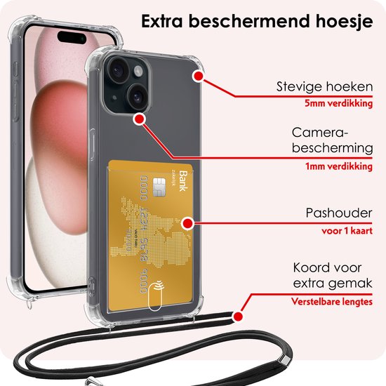 Coque adaptée pour iPhone 15 avec porte-cartes et cordon résistant aux chocs, coque en Siliconen avec cordon de téléphone et porte-cartes – Transparent – ​​Lot de 2