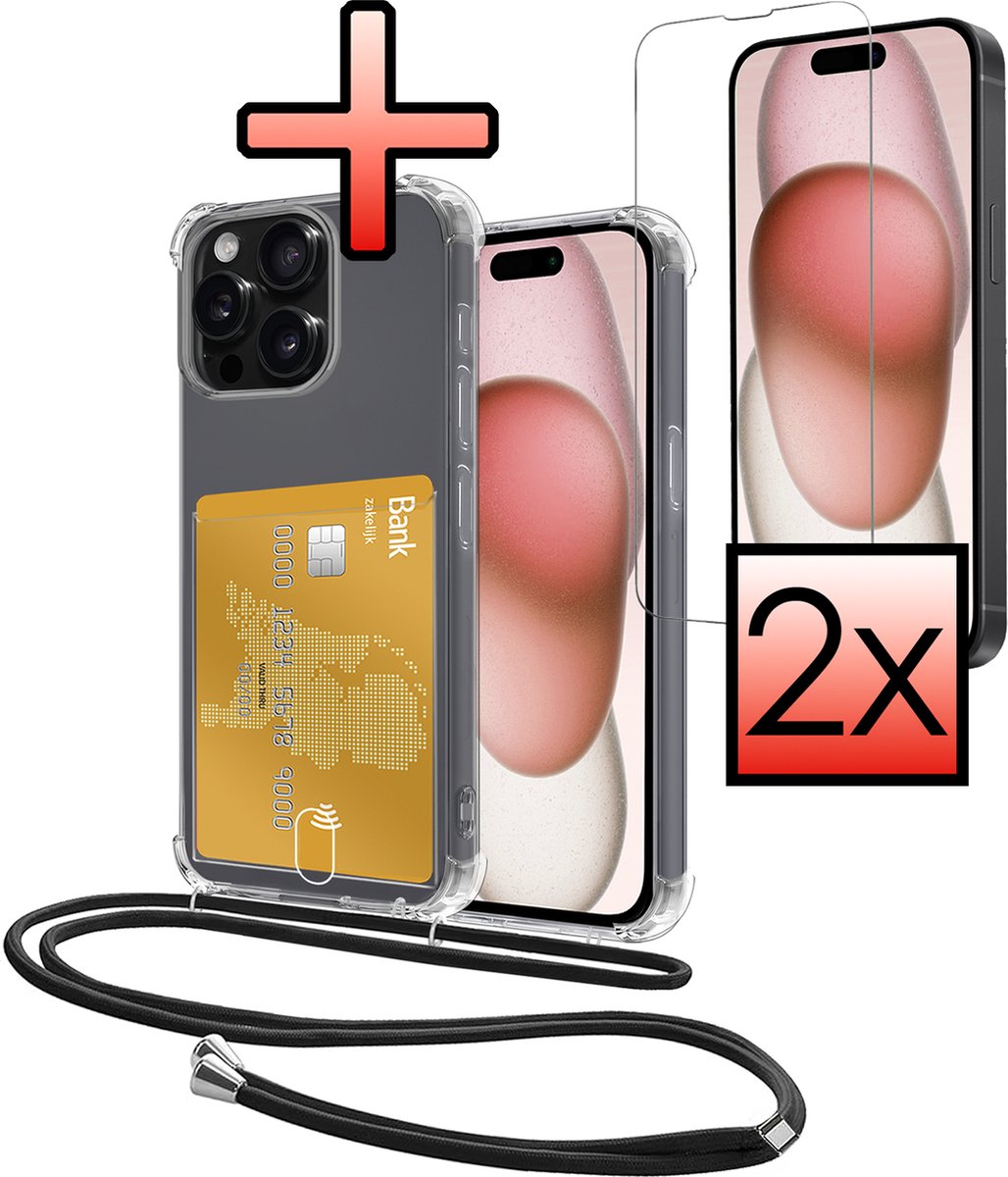 Hoes Geschikt voor iPhone 12 Pro Hoesje Pasjeshouder Cover Met Koord Shock Proof Case Siliconen Hoes Met Telefoonkoord en Kaarthouder Met 2x Screenprotector - Transparant