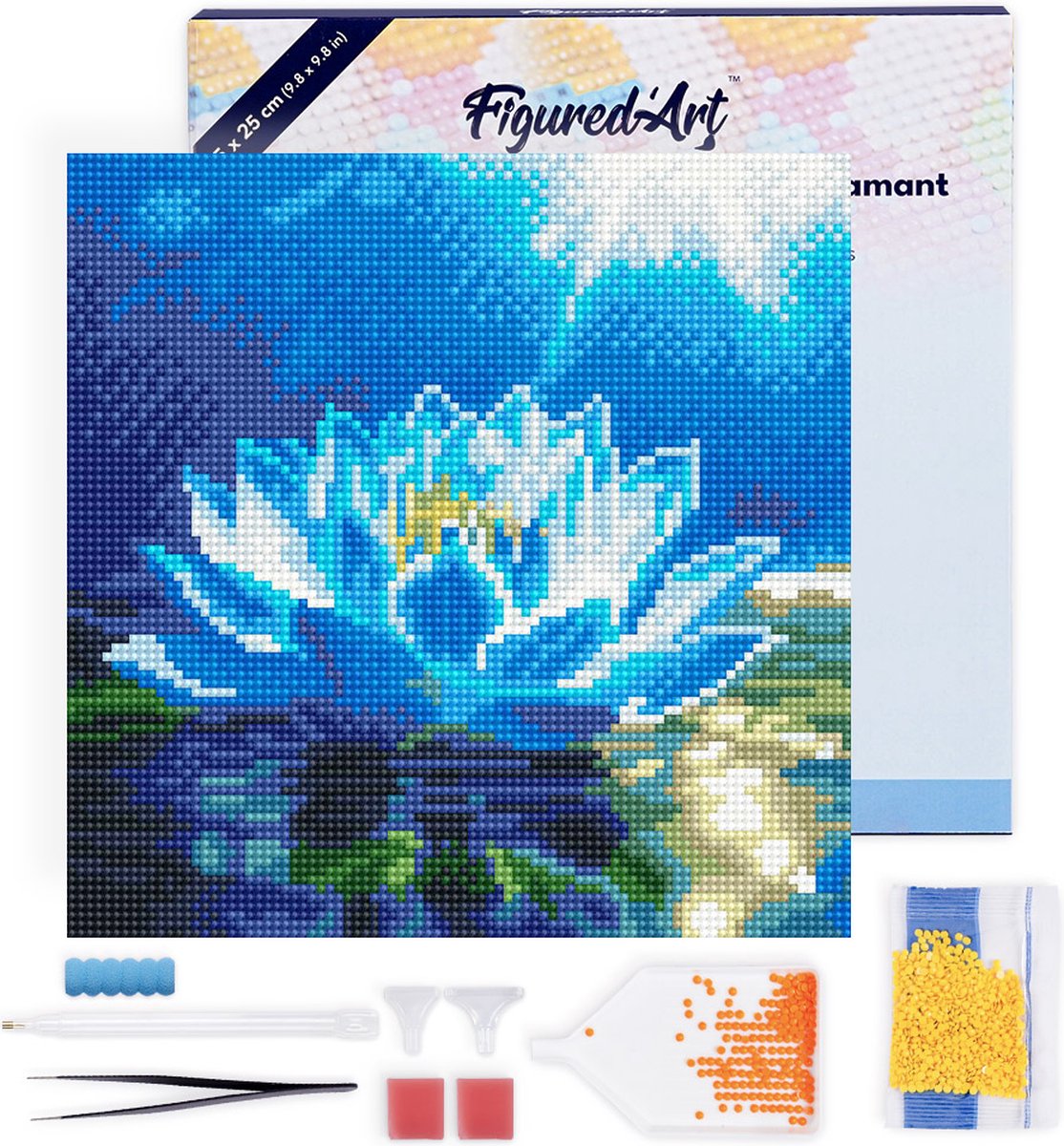 Figured'Art Mini Diamond Painting set Volwassenen 25x25 cm met lijst Glansende Witte Lotus - 5D DIY Art full drill ronde diamant - Canvas al ingelijst