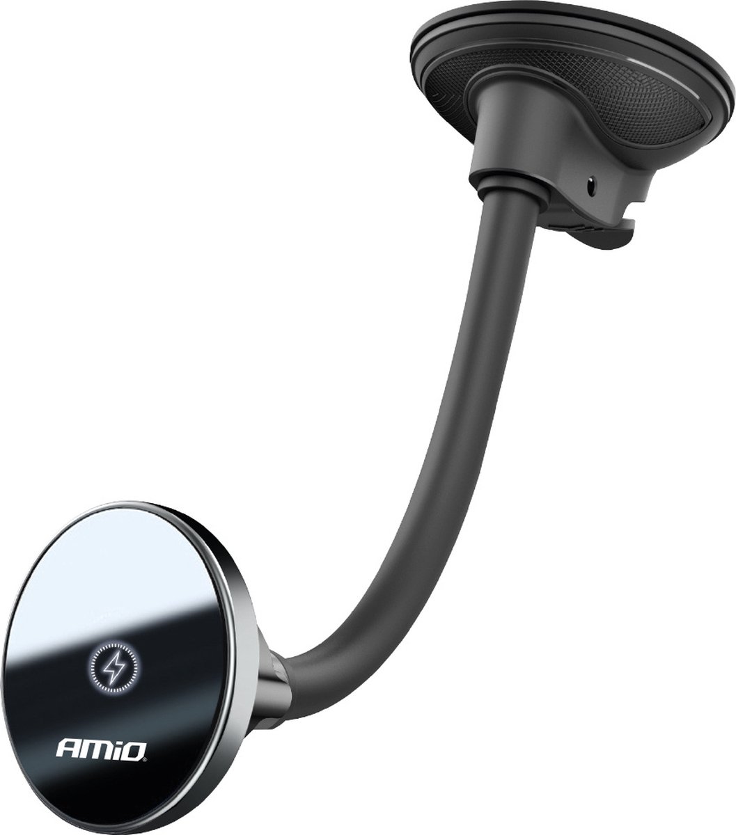 AMiO Magnetische Telefoonhouder met 15W Qi Draadloze Oplader en MagSafe - Verstelbare Arm en Zuignap Zwart