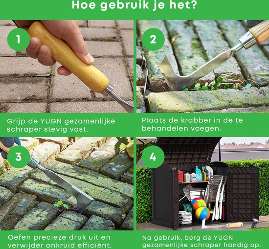 Stappen voor het gebruik van de onkruidkrabber: vasthouden, in voegen plaatsen, onkruid verwijderen, opbergen.