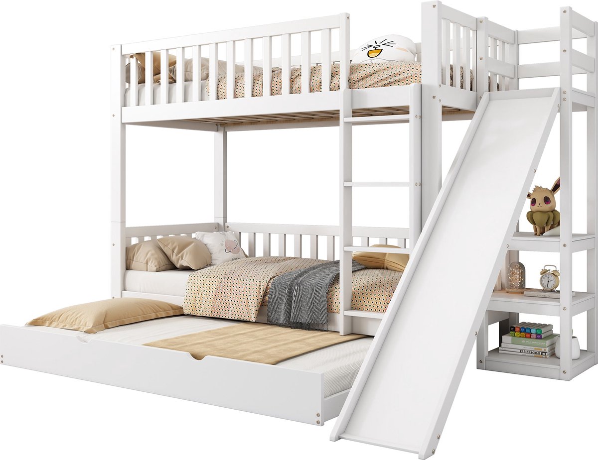 Merax Stapelbed voor 3 Personen 90x200 cm met Extra Uittrekbaar Bed 90x190 cm - Kinderbed met Veiligheidshek - Glijbaan en Planken - Wit