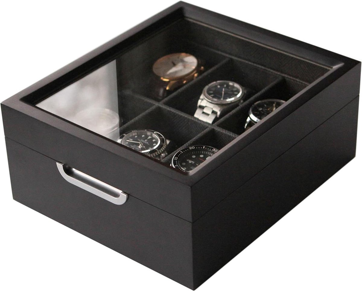 Moderne zwarte horlogebox 2x3 met aluminium handvat - voor 6 horloges met echt glas top