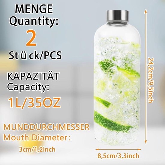 T&N Glazen fles, 1 liter, drinkfles van 1 liter met neopreen hoes, lekvrij, glazen drinkfles van dik borosilicaatglas voor koolzuur en geschikt als karaf