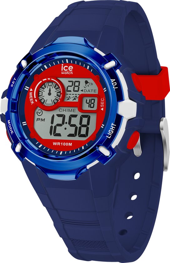 Donkerblauwe ICE digit explorer met rode accenten op de band en wijzerplaat. Digitale weergave met "ICE" logo.