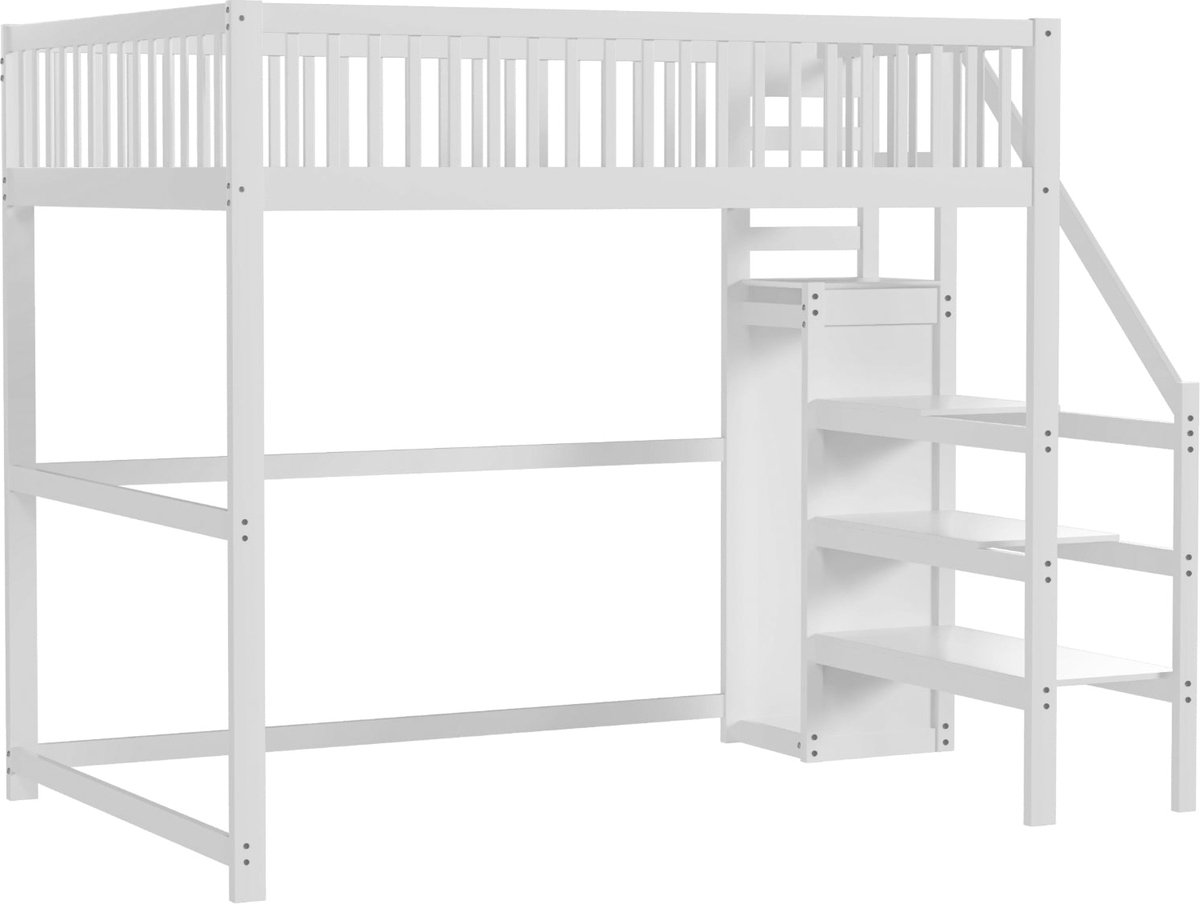 Merax Hoogslaper Tweepersoonsbed 140x200 cm - Houten Kinderbed met Planken en Kledingkast - Wit