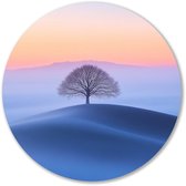 Boom op mistige heuvel - Boom schilderij rond - Ronde wandprint natuur - Minimalisme - Aluminium - Schilderij modern design - muurcirkel aluminium 100x100 cm