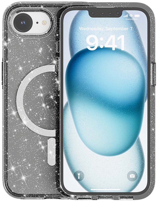 Coque IYUPP pour iPhone 16, Glitter MagSafe, antichoc, Zwart et transparente