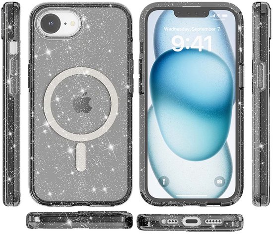Coque IYUPP pour iPhone 16, Glitter MagSafe, antichoc, Zwart et transparente