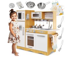 Mamabrum Houten Speelgoedkeuken XL - Kinderkeuken met accessoires - Speelgoed keuken incl pannenset, keukengerei, keukenschort, keukenset - Speelkeukentje voor kinderen vanaf 3 jaar