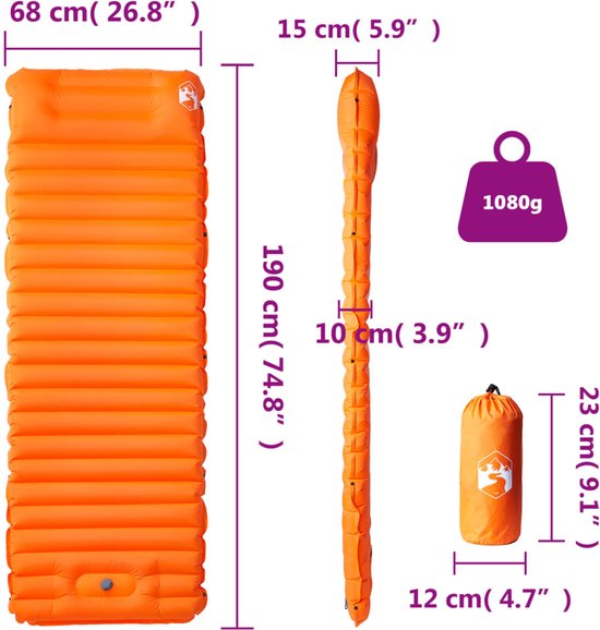 vidaXL - Kampeermatras - met - kussen - zelfopblazend - 1-persoons - oranje van Merkloos — afbeelding 4
