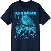 Donkerblauw T-shirt met een blauwe, flitsende grafische print van Eddie van Iron Maiden, met vlammen.