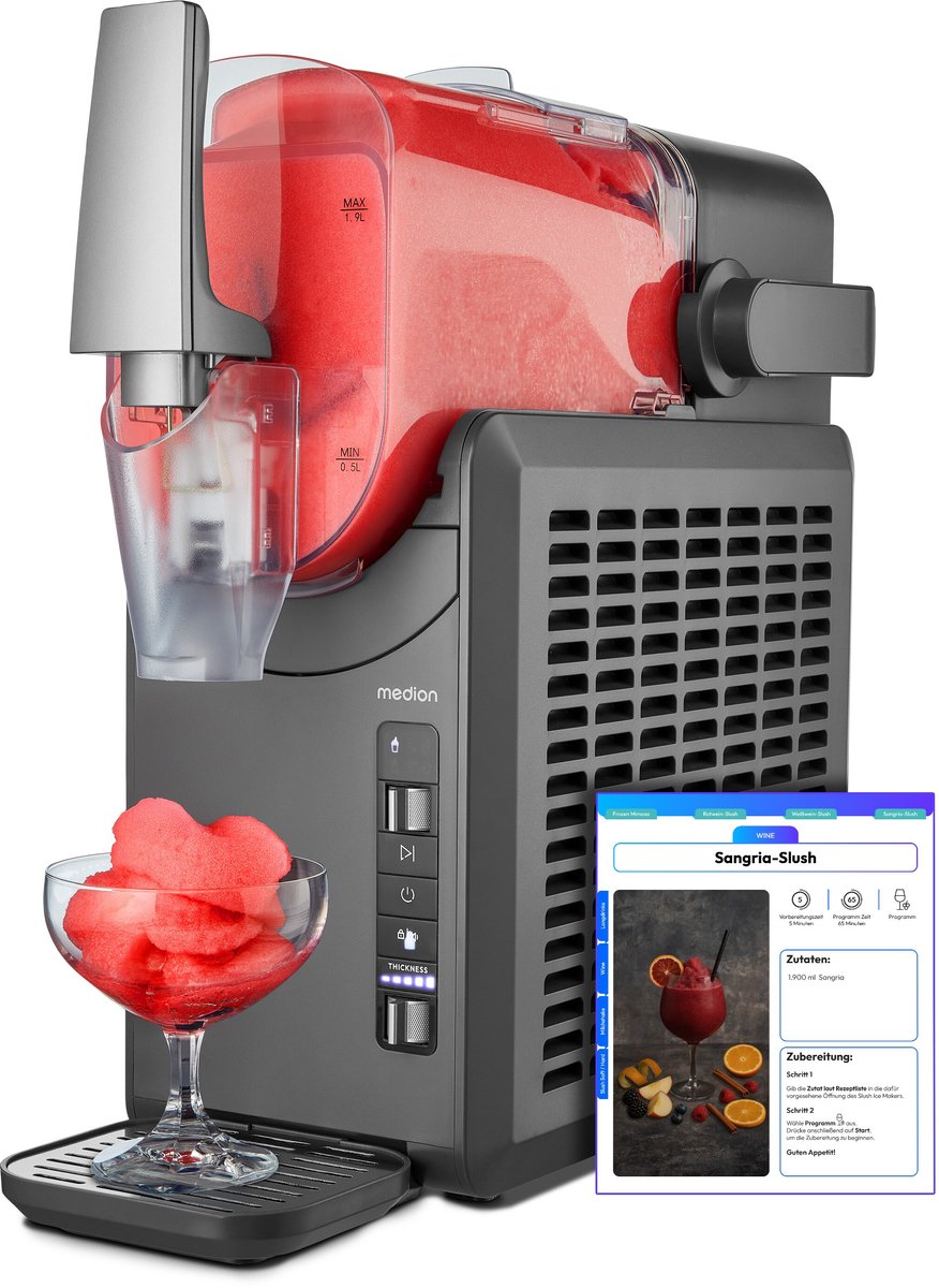 MEDION Slush Machine (2,6 L capaciteit voor slushijs, 1,9 L inhoud, slush maker voor dranken, 5 standen, bereidingstijd 30–60 min, thuisgebruik, met compressor, ijsmachine, MD12090)