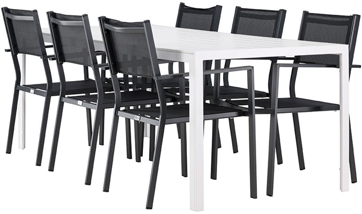 Break tuinmeubelset tafel 90x205cm wit, 6 stoelen zwart.