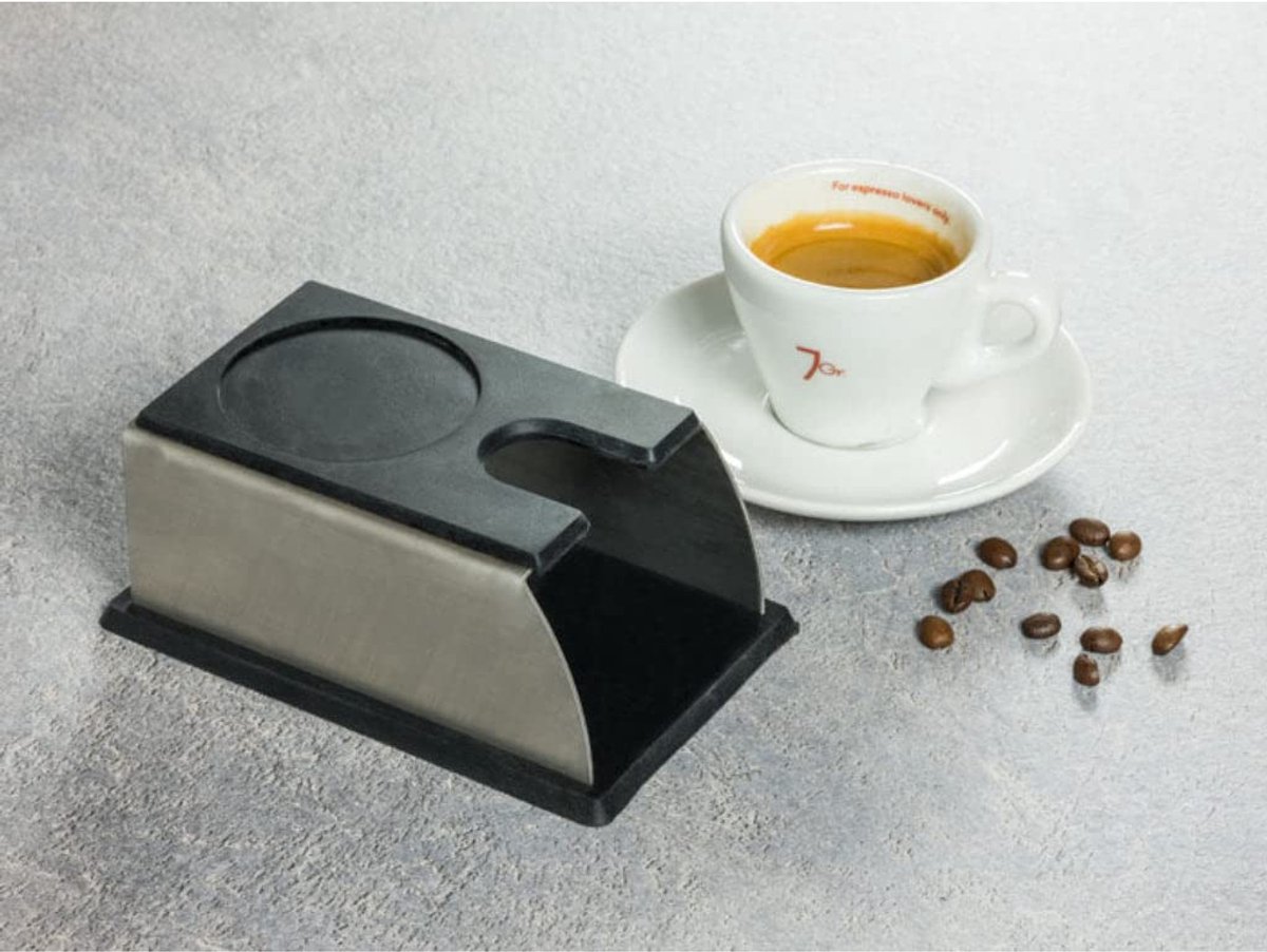 Ibenzoa® Premium Zwart Espresso Aandrukstation voor Alle Tamper Maten, Roestvrij Staal en Siliconen, 14 x 7/9 cm