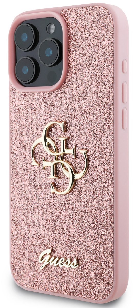GUESS, Metalen hoesje Geschikt voor Apple iPhone 16 Pro Max met glitter en logo, Roze