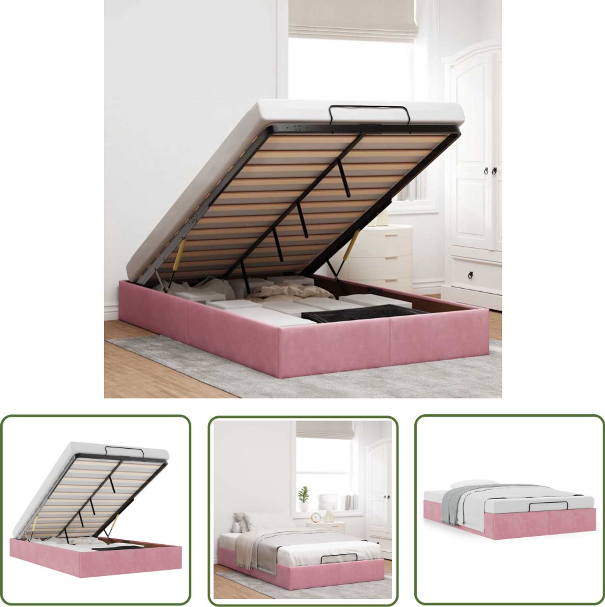 The Living Store Bedframe zonder matras 120x190 cm fluweel roze - Voetbankje - Comfortabel Bed - Opslagruimte - Lift Mechanisme - Rozen Kleur