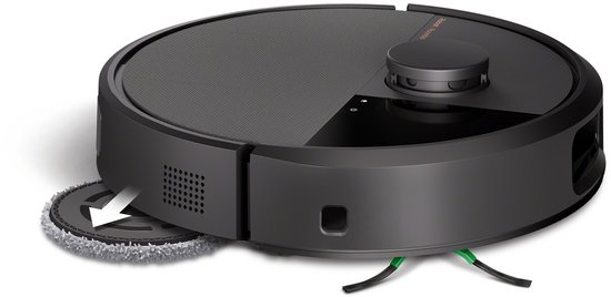 Zwarte robotstofzuiger met dweilpad en twee groene borstels aan de onderkant.