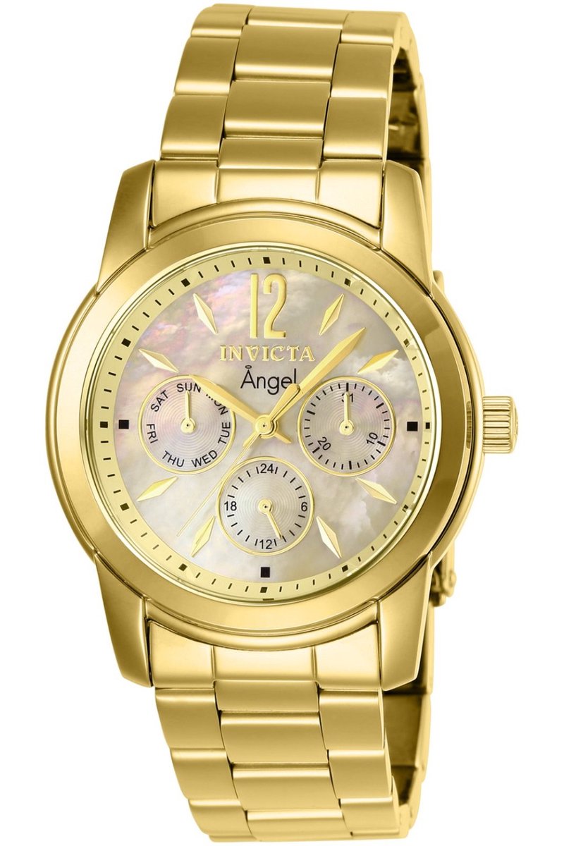 Invicta Angel 0466 Dames Horloge - Waterdicht - Analoog - Quartz Uurwerk - Roestvrij Staal met gouden Wijzerplaat - 38mm