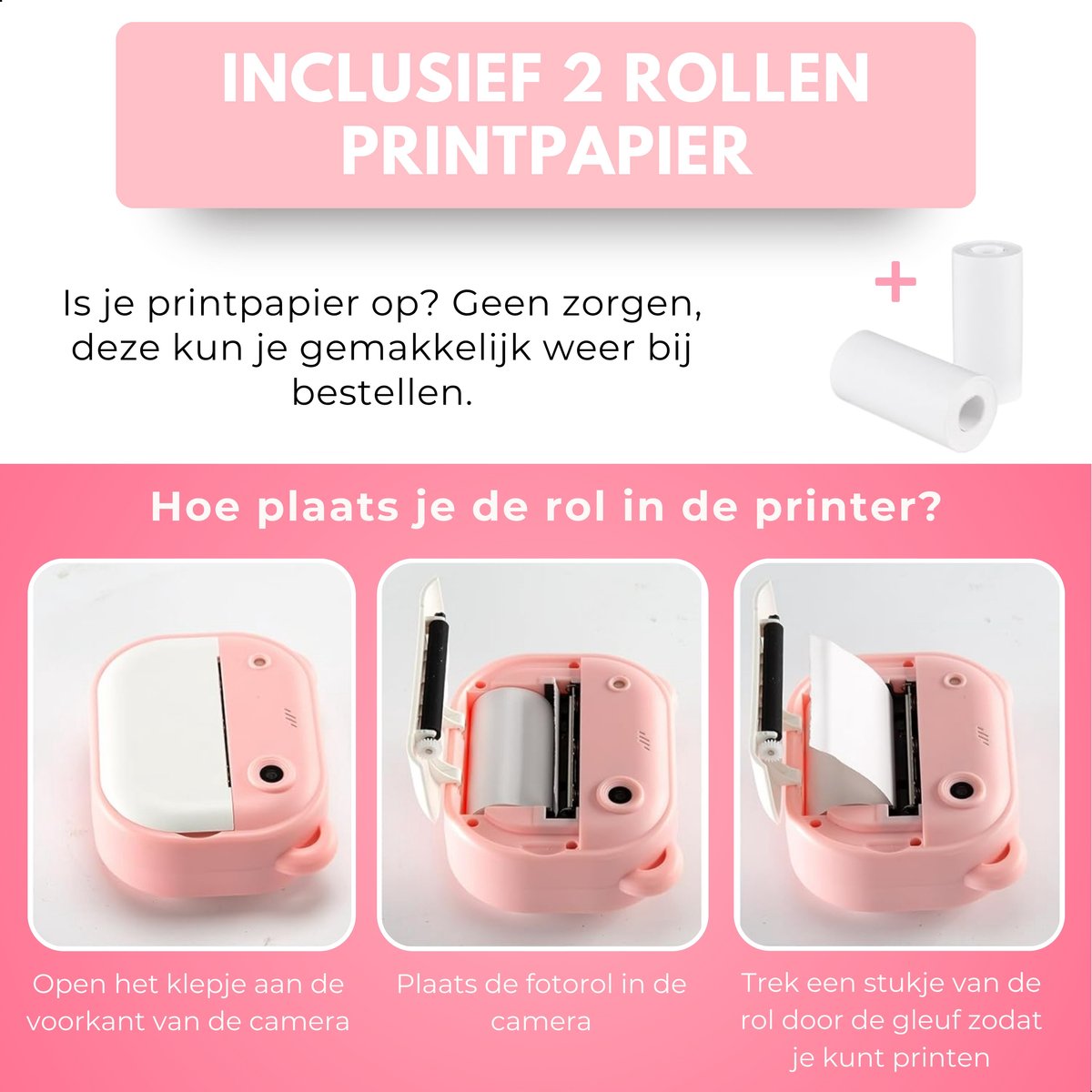 Boncy® Digitale Kindercamera met Foto Printer - Instant Print Kinder Camera - Fototoestel voor Kinderen Jongens & Meisjes - Digitaal Kindercamera's Speelgoed - Fotoprinter Speelgoedcamera Pocket Printer Roze — afbeelding 7