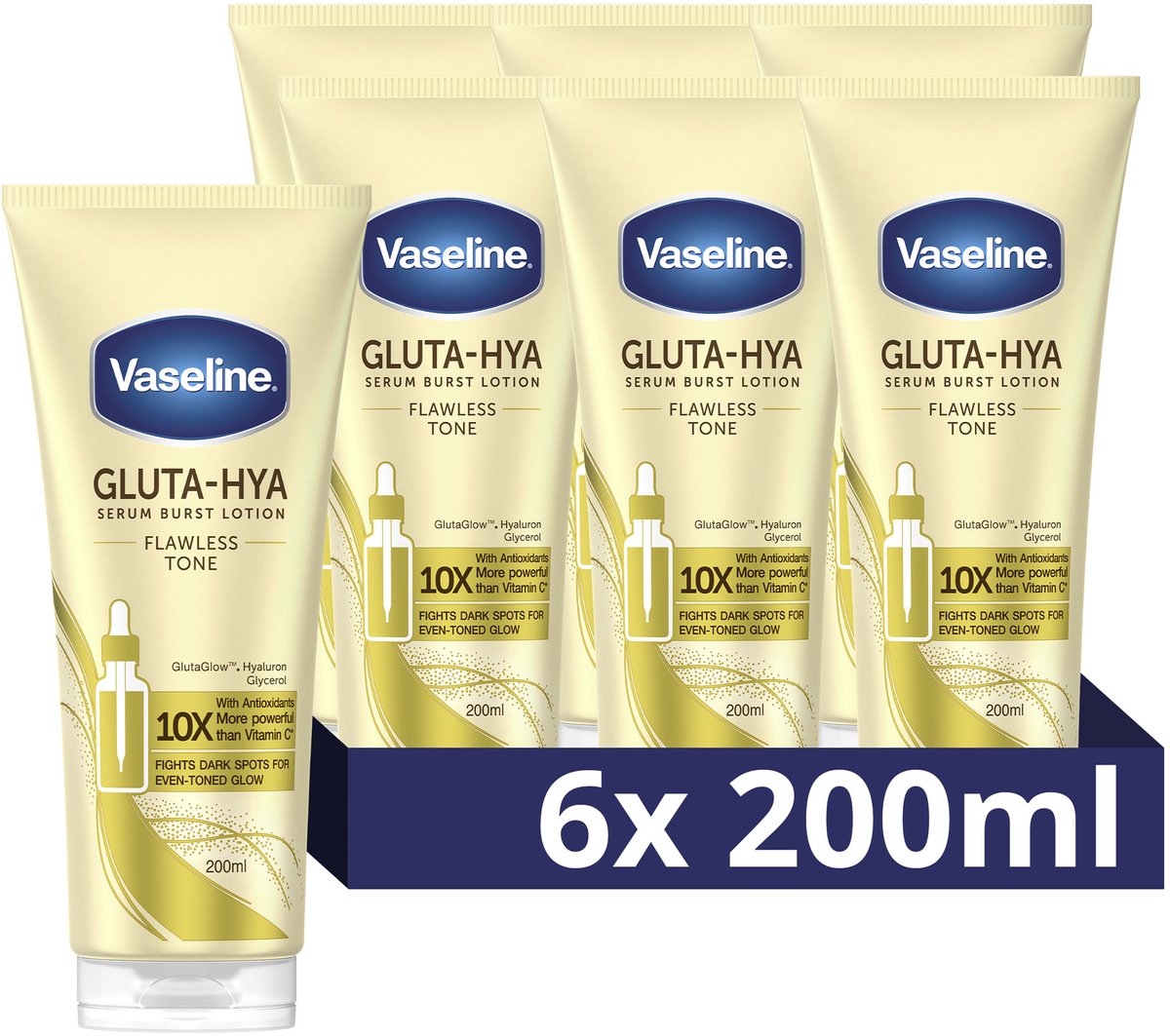 Goedkoopste Vaseline Gluta-Hya Serum Burst Lotion - Flawless Tone - voor een egale, stralende huid - 6 x 200 ml