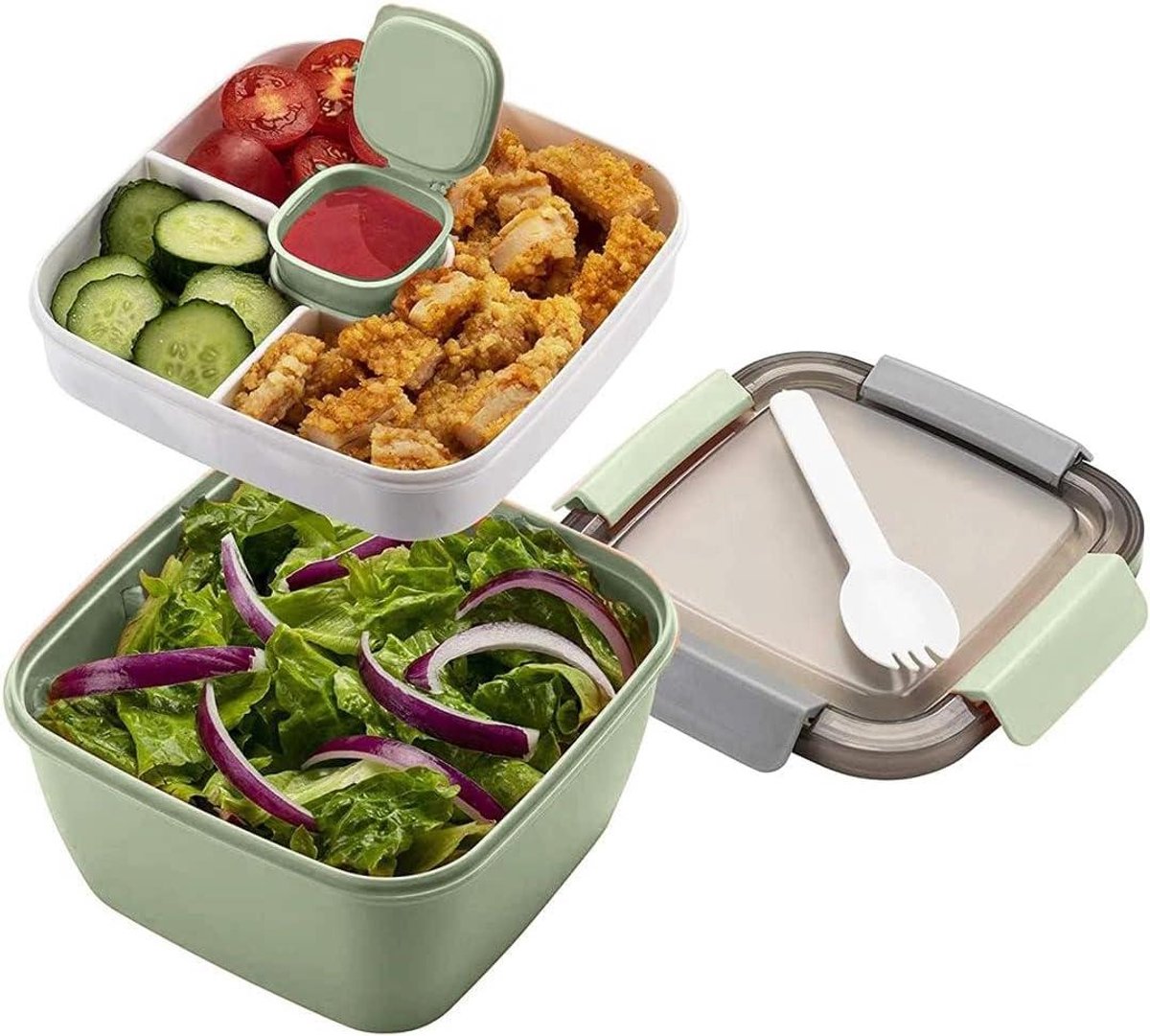 Lunchbox met verdeelde vakken voor volwassenen en kinderen - Duurzaam, lekvrij en vaatwasmachinebestendig - Salade lunchbox/bentobox voor school, werk en picknick (New green)