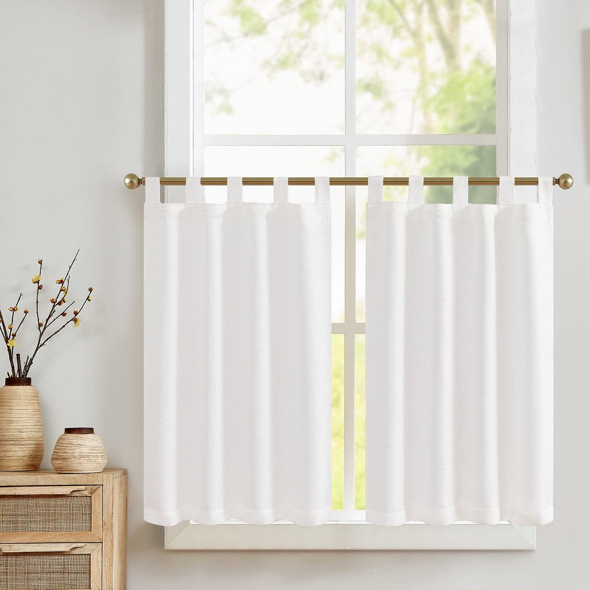 Ibenzoa Set van Twee Halve Transparante Witte Sjaals met Gordijnlussen – Perfect voor Woonkamer en Keuken zuiver wit
