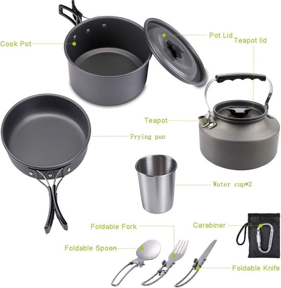 Outdoor Complete Kookset - Non-stick Potten, Pannen & Kookgerei met Opvouwbaar Bestek, Ketel en Kopjes voor Camping & Picknick — afbeelding 3
