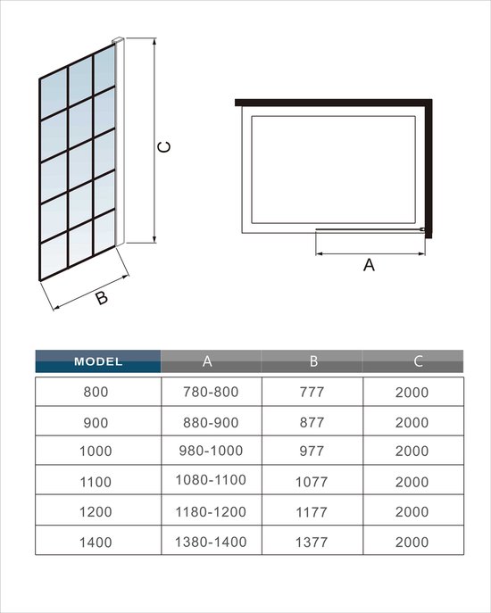 Douchewand-Inloopdouche 100x200cm met mat Zwart kader en raster 8mm NANO EasyClean veiligheidsglas gouden profiel N-Form 90cm Stabilisatiestang