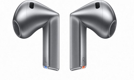 Grijze Samsung Galaxy Buds3 oordopjes, met 'L' en 'R' markeringen.