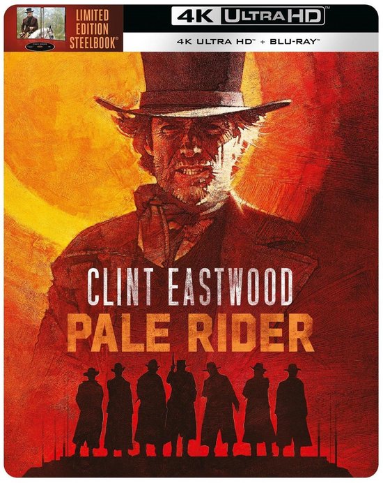 Clint Eastwood als Pale Rider in een limited edition Steelbook met 4K Ultra HD en Blu-ray. Op de voorkant staat hij met hoge hoed en een groep silhouetten.