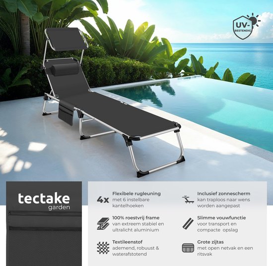tectake® Ligbed Aurelie met zonneluifel en hoofdkussen - Ligstoel - Zonnebed - Opklapbare balkonligstoel van aluminium - Weerbestendige tuinligstoel voor tuin, balkon, camping en strand - Verstelbare rugleuning met kussen - Zwart van Merkloos — afbeelding 3