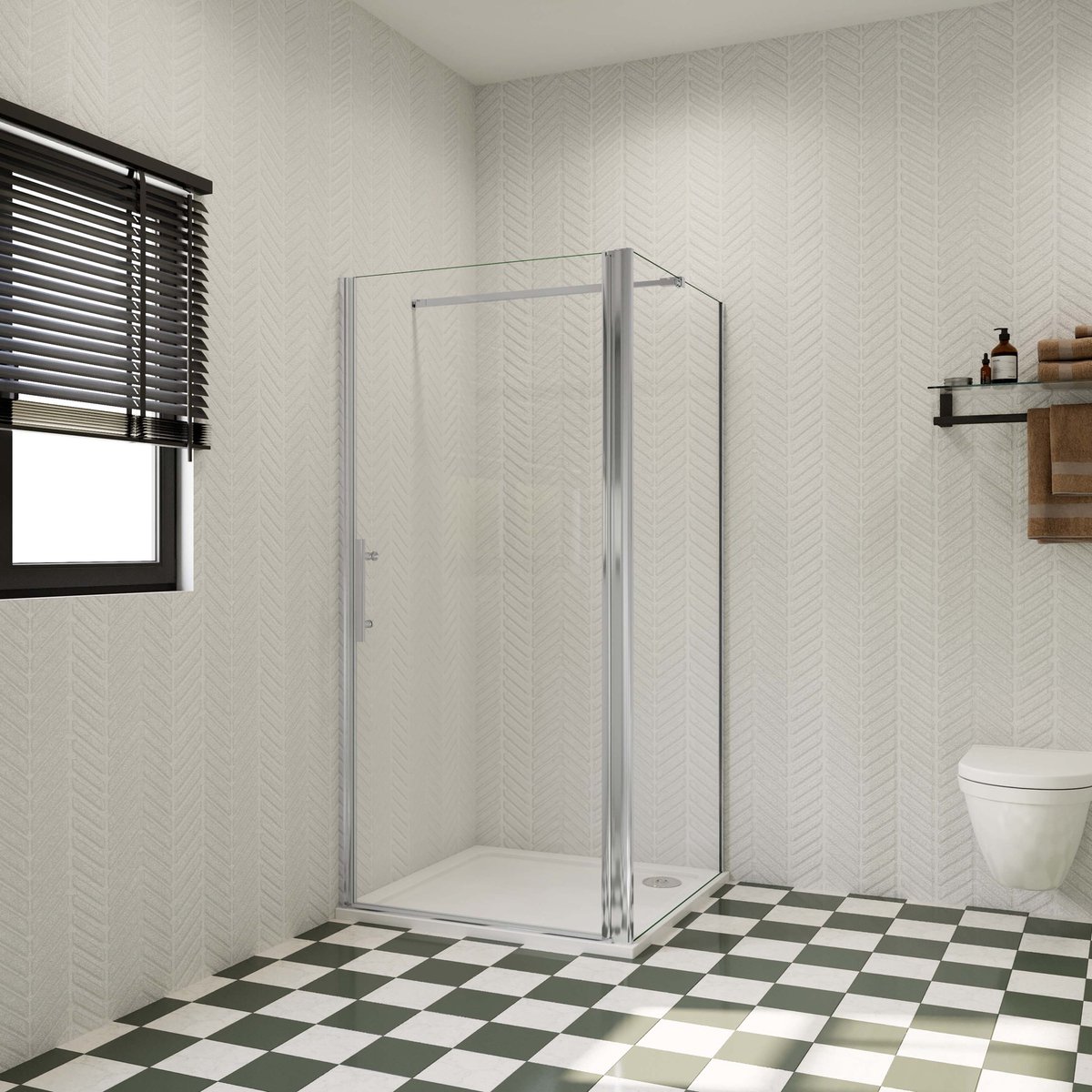 Douchecabine B:70xD:100xH:195cm, draaideur met zijpanelen, 6mm transparant, gemakkelijk te reinigen gehard glas, stabilisatiestang 73-120cm (verstelbaar), profiel van glanzend chroom.