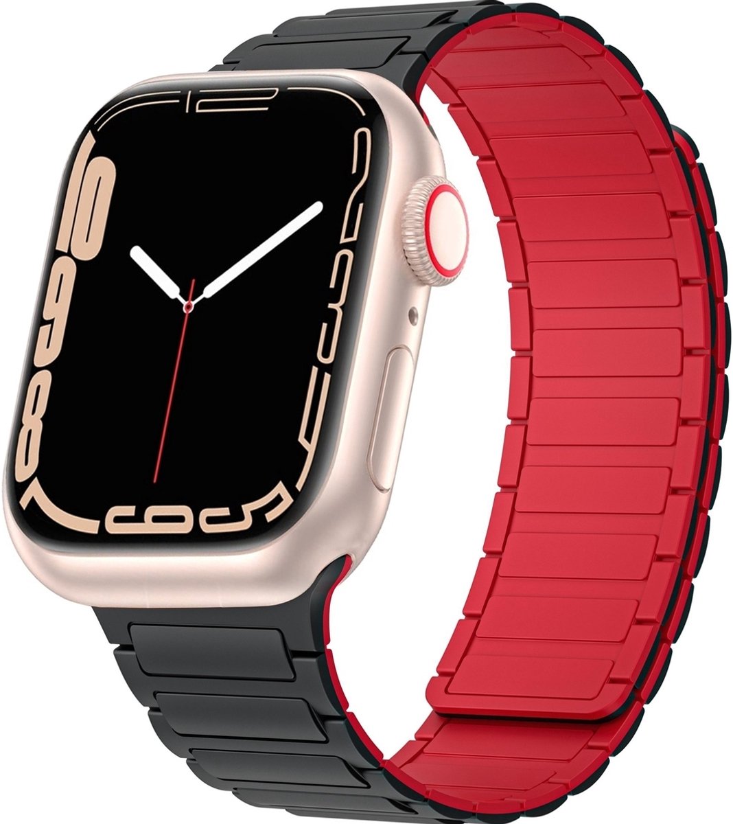 Mobigear Siliconen Watch bandje geschikt voor Apple Watch Bandje Magneetsluiting | Mobigear Loop Mag - 42/41/40/38 mm - Zwart / Rood