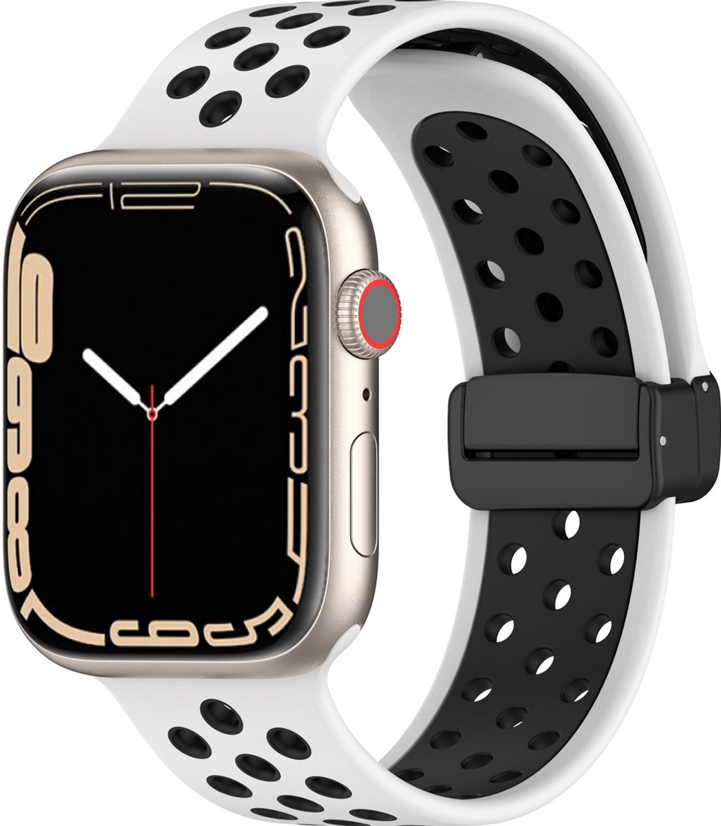 Mobigear Siliconen Watch bandje geschikt voor Apple Watch Bandje Magneetsluiting | Mobigear Sport Plus Mag - 42/41/40/38 mm - Zwart / Wit